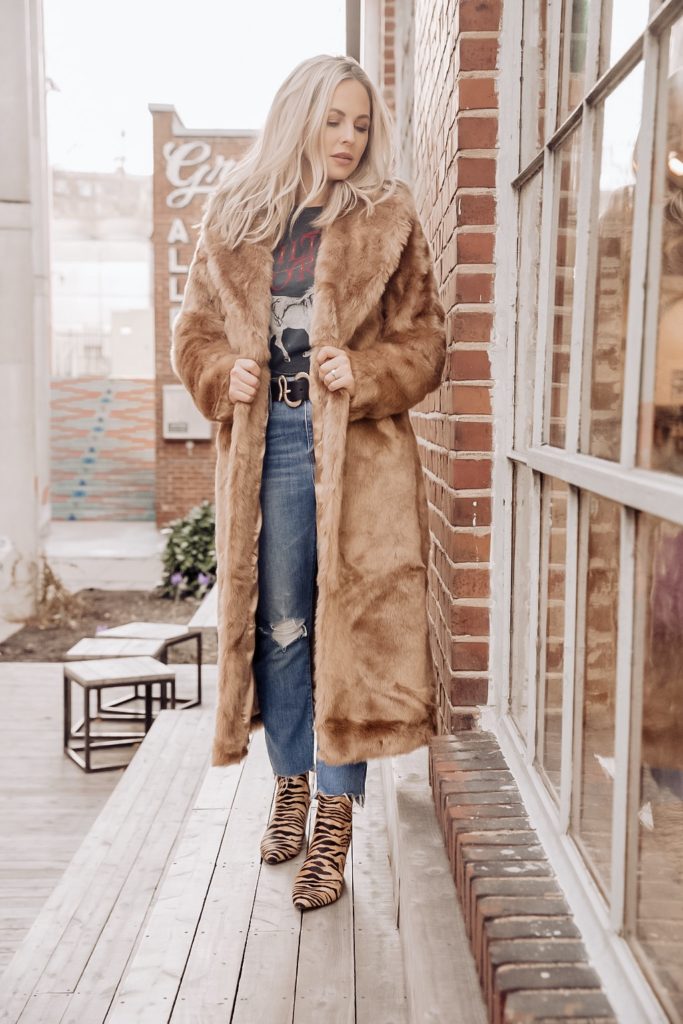 Faux Fur Maxi Coat by popular Nashville fashion blog, Nashville Wifestyles: image of a woman wearing Nordstrom Coltyn Genuine Calf Hair Bootie DOLCE VITA, BooHoo Faux Fur Coat, Revolve band t-shirt, Nordstrom RAINA Snake Buckle Leather Belt, Main, color, and BLACK Snake Buckle Leather Belt RAINA.
