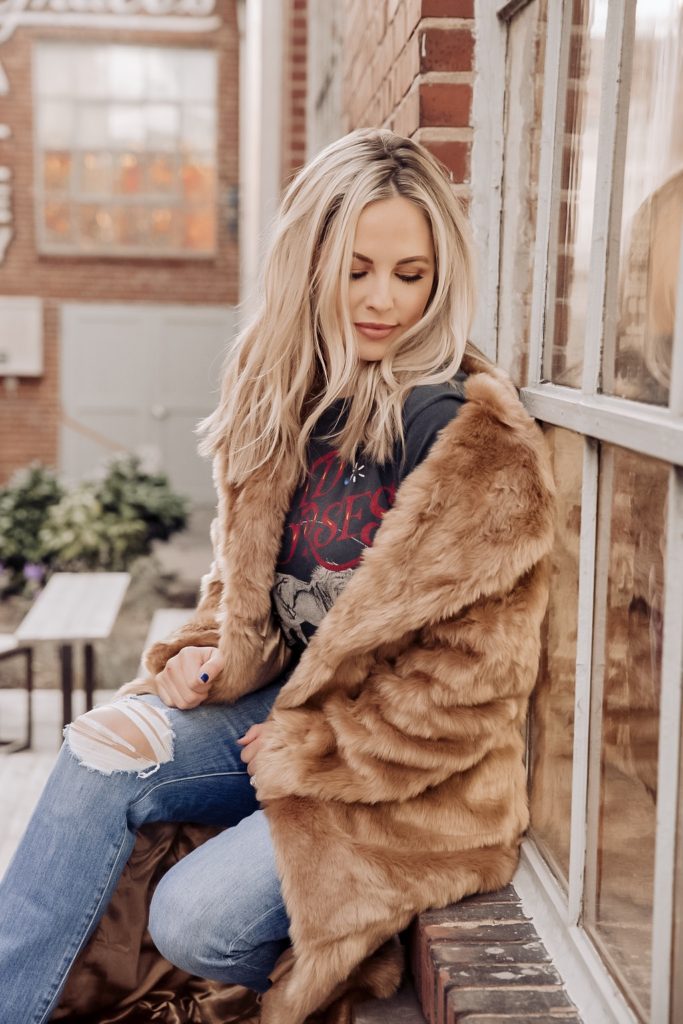 Faux Fur Maxi Coat by popular Nashville fashion blog, Nashville Wifestyles: image of a woman wearing Nordstrom Coltyn Genuine Calf Hair Bootie DOLCE VITA, BooHoo Faux Fur Coat, Revolve band t-shirt, Nordstrom RAINA Snake Buckle Leather Belt, Main, color, and BLACK Snake Buckle Leather Belt RAINA.