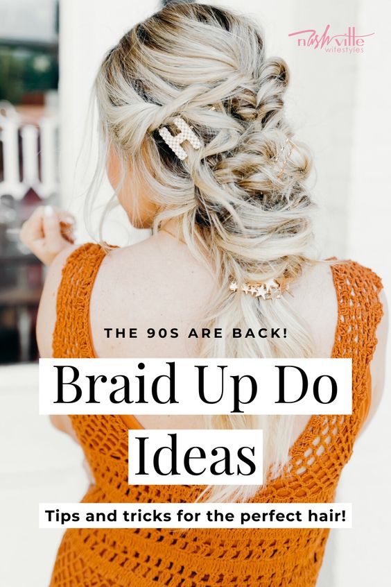 How to Wear Hair Clips by popular Nashville fashion blog, Nashville Wifestyles: Pinterest image of a woman with a braided hairstyle and wearing a pearl letter H hair clip, gold bobby pins, and a star hair clip in her hair along with an orange crocheted maxi dress with fringe.