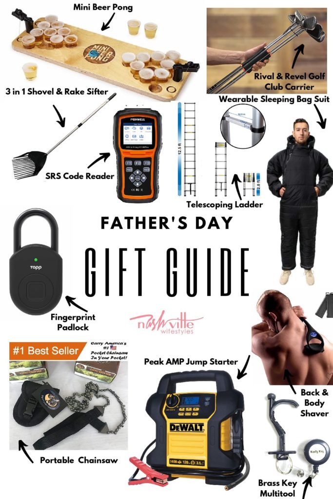 Father's Day Gift Ideas by popular Nashville lifestyle blog, Nashville Wifestyles: collage image of mini beer pong, Rival & Revel gold cub carrier, Wearable sleeping bag suit, 3 in 1 shovel and rake sifter, SRS code reader, telescoping ladder, Fingerprint padlock, back and body shaver, Portable chainsaw, DeWalt Peak AMP jump starter, Brass Key multitool. 