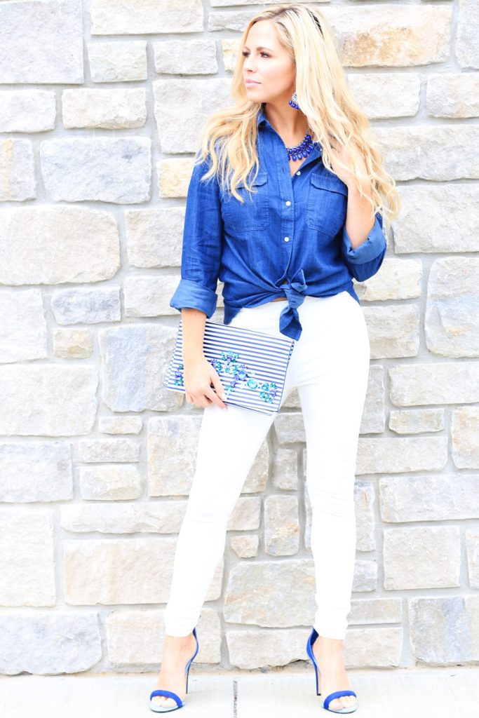 Wearing White by popular Nashville fashion blog, Nashville Wifestyles: image of a woman wearing a blue denim top with white jeans, and a blue heel sandals. 