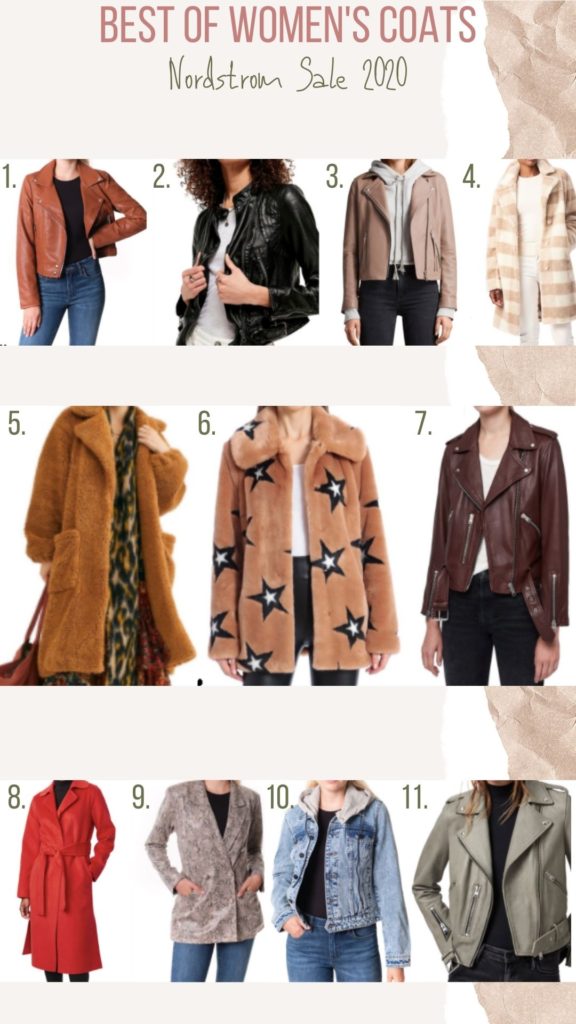 Nordstrom Anniversary Sale by popular Nashville fashion blog, Nashville Wifestyles: collage image of Nordstrom faux leather jackets, Norstrom faux fur jackets, Nordstrom jean jacket, and Nordstrom Trench coat. 