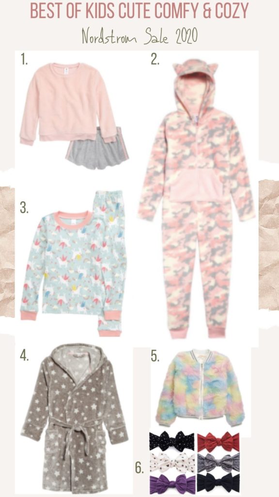 Nordstrom Anniversary Sale by popular Nashville motherhood blog, Nashville Wifestyles: collage image of Comfy PJ & Loungewear Set, Cat Camo PJ Onesie, Pattern PJ Set, Star Print Furry robe, Colorful Furry Jacket and Stretch Comfy Bows.