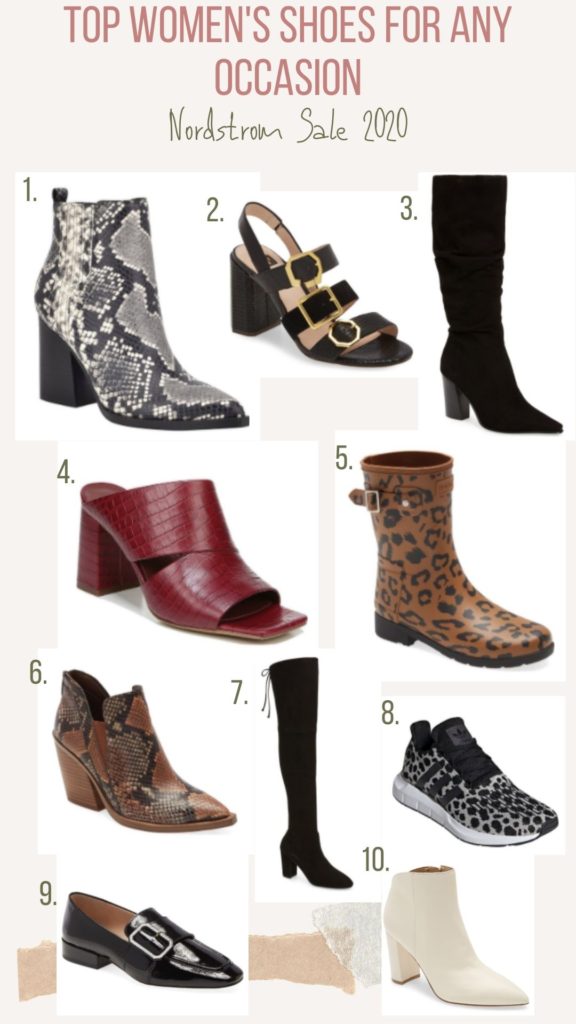 Nordstrom Anniversary Sale by popular Nashville fashion blog, Nashville Wifestyles: collage image of Nordstrom block heel sandals, knee highboots, Adidas sneakers, ankle boots, and loafers. 