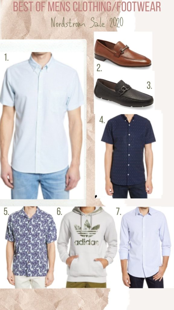 Nordstrom Anniversary Sale by popular Nashville fashion blog, Nashville Wifestyles: collage image of Nordstrom loafers, Adidas hoodie, and button down shirts. 