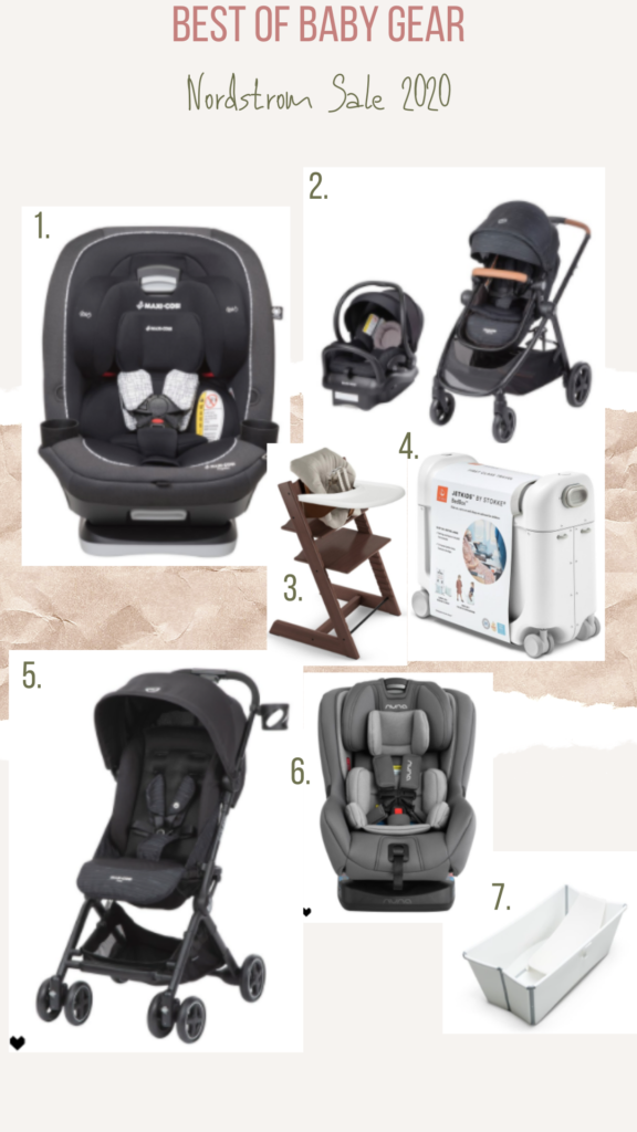 Nordstrom Anniversary Sale by popular Nashville motherhood blog, Nashville Wifestyles: collage image of Convertible Car Seat, Car Seat & Stroller, High-Chair, Kids Luggage, High-Tech Stroller, Car Seat, and Foldable Bathtub w/ Temperature Plug & Infant Insert.