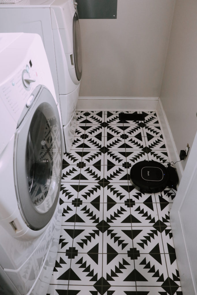 Laundry Room Remodel by popular Nashville life and style blog, Nashville Wifestyles: image of a remodeled laundry room with Floor and Decor black and white tile. 
