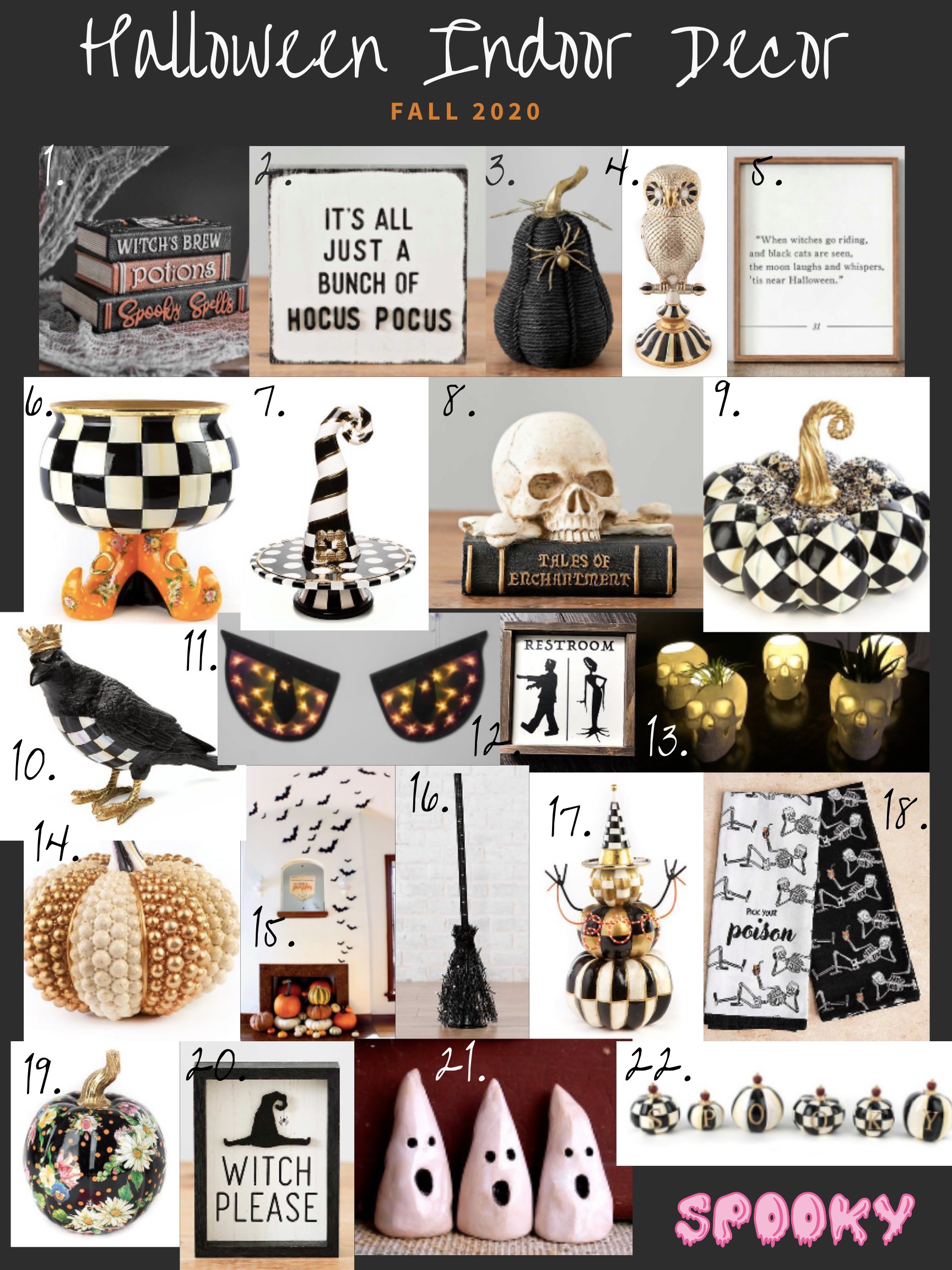 Best Halloween Decorations by popular Nashville life and style blog, Nashville Wifestyles: collage image of black and white checkered pumpkin, skeleton tea towels, Witch Please sign, ghost decor, owl decor, spooky sign, 3D bats, and spell book decor.