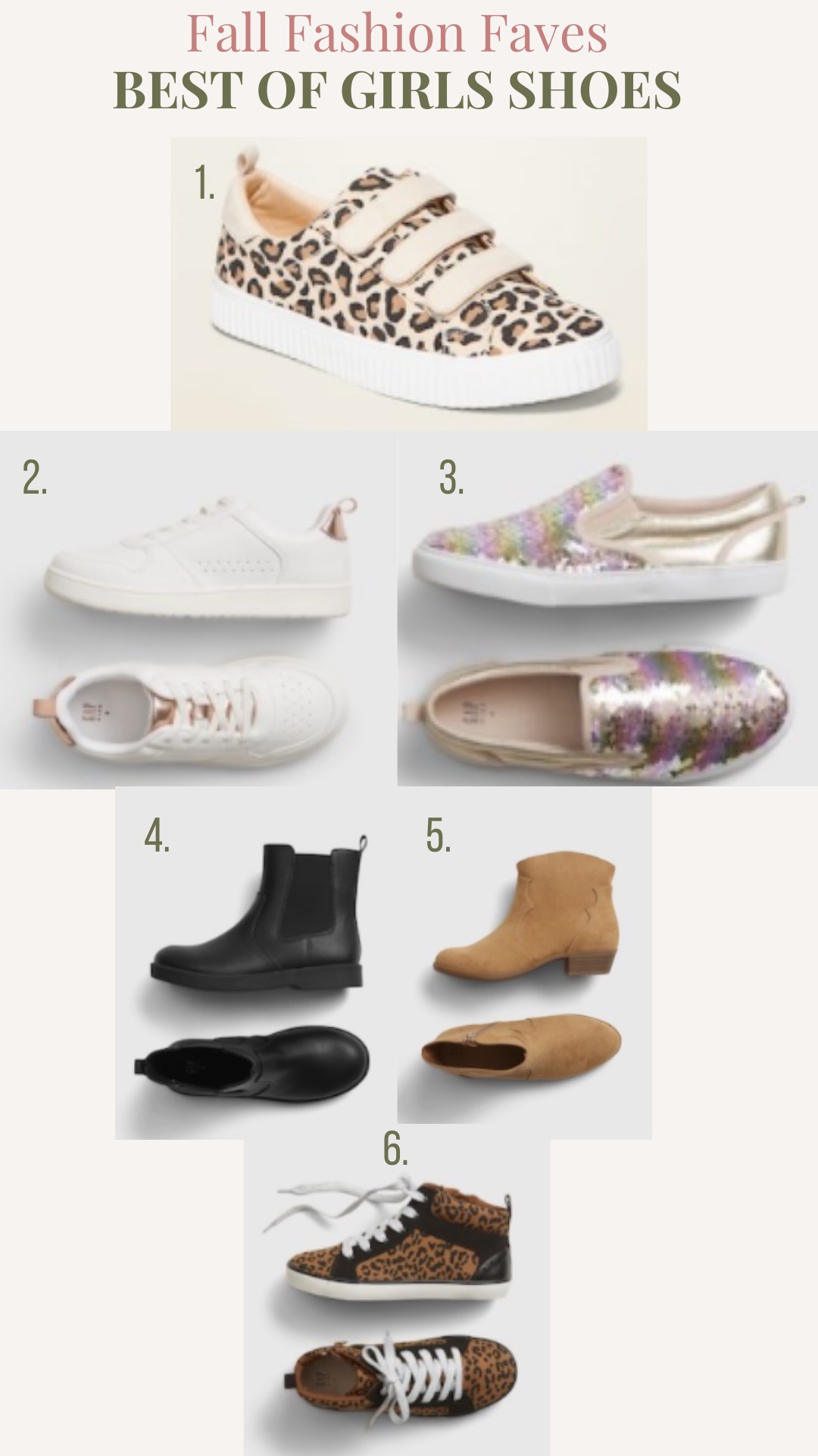 Fall Clothing by popular Nashville fashion blog, Nashville Wifestyles: collage image of leopard print sneakers, sequin sneakers, black chelsea boots, suede ankle boots, and leopard print high tops. 