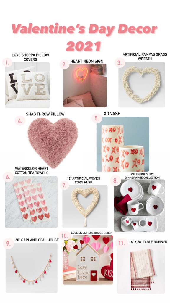 Valentine's Day Decor by popular Nashville life and style blog, Nashville Wifestyles: collage image of LOVE throw pillows, heart neon sign, artificial pampas grass wreath, shag throw pillow, xo vase, watercolor heart cotton tea towels, artificial woven corn husk heart wreath, Valentine's Day dinnerware collection, Opalhouse tassel garland, Love Lives here house block, and a red and white tassel table runner. 