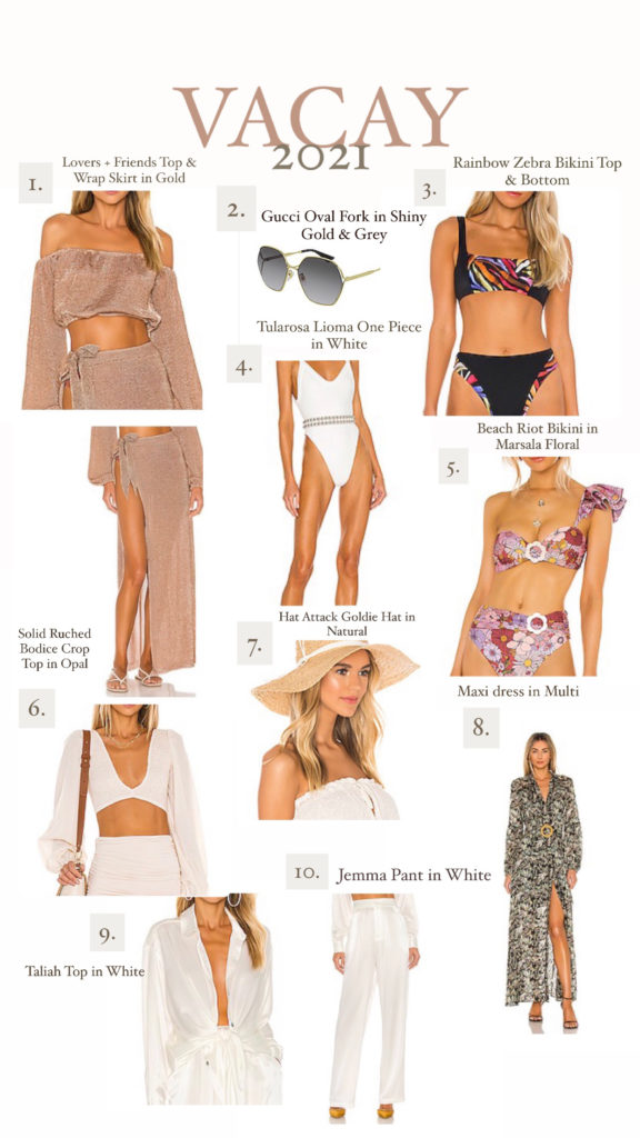 Beach Vacay by popular Nashville fashion blog, Nashville Wifestyles: collage image of a white swimsuit, rainbow zebra bikini top and bottom, Lovers + Friends top and wrap skirt, Taliah top in white, Jemma pant in white, floral print bikini, hat Attack Goldie hat, and a Multi print maxi dress. 