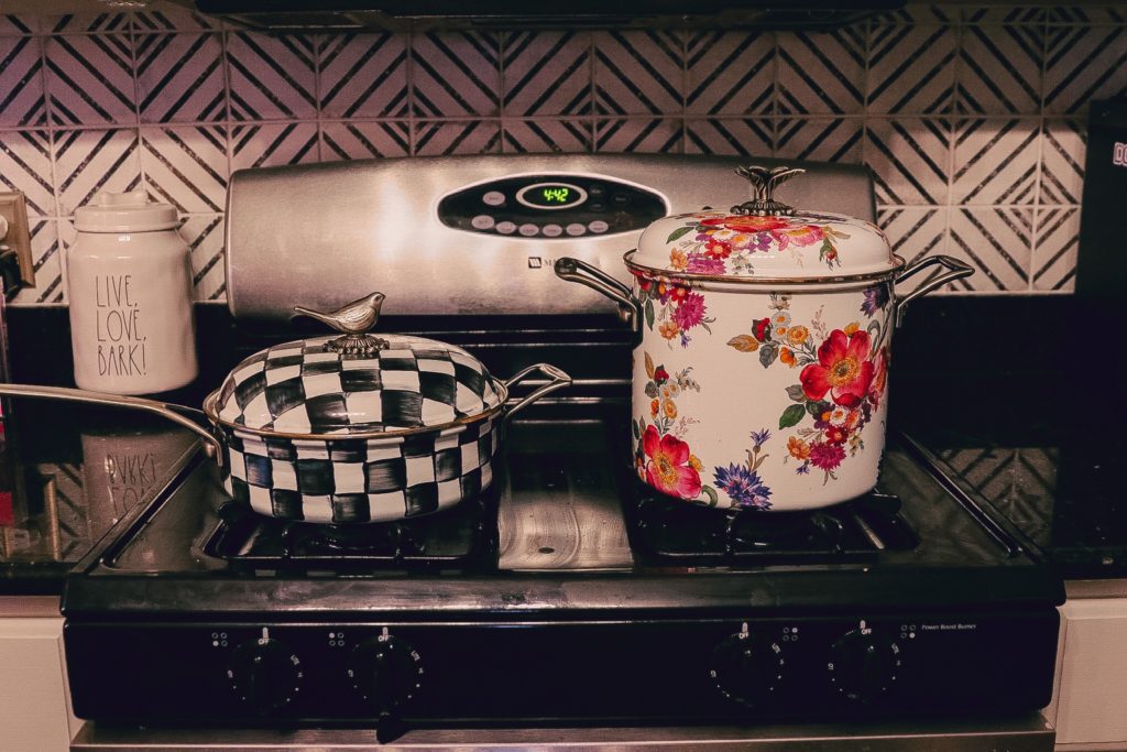 Mackenzie Childs Dishes by popular Nashville life and style blog, Nashville Wifestyles: image of two Mackenzie Childs cooking pots. 