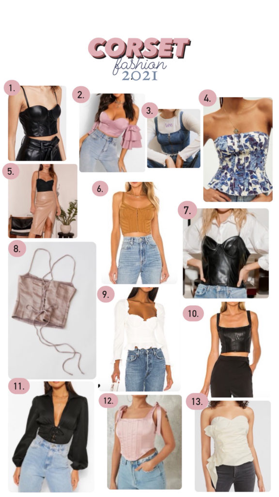 Corsets for Women by popular Nashville fashion blog, Nashville Wifestyles: collage image of a vegan leather bustier, corset over the shoulder puffer sleeve, denim corset zipper top, lights out floral corset, cashew bustier top, black vegan leather bustier crop top, satin lace up cami, corie top in white, myndie top in black, Long sleeve puffer sleeve & lace up corset, blush satin tie strap corset top, and strapless ruffle bustier top. 