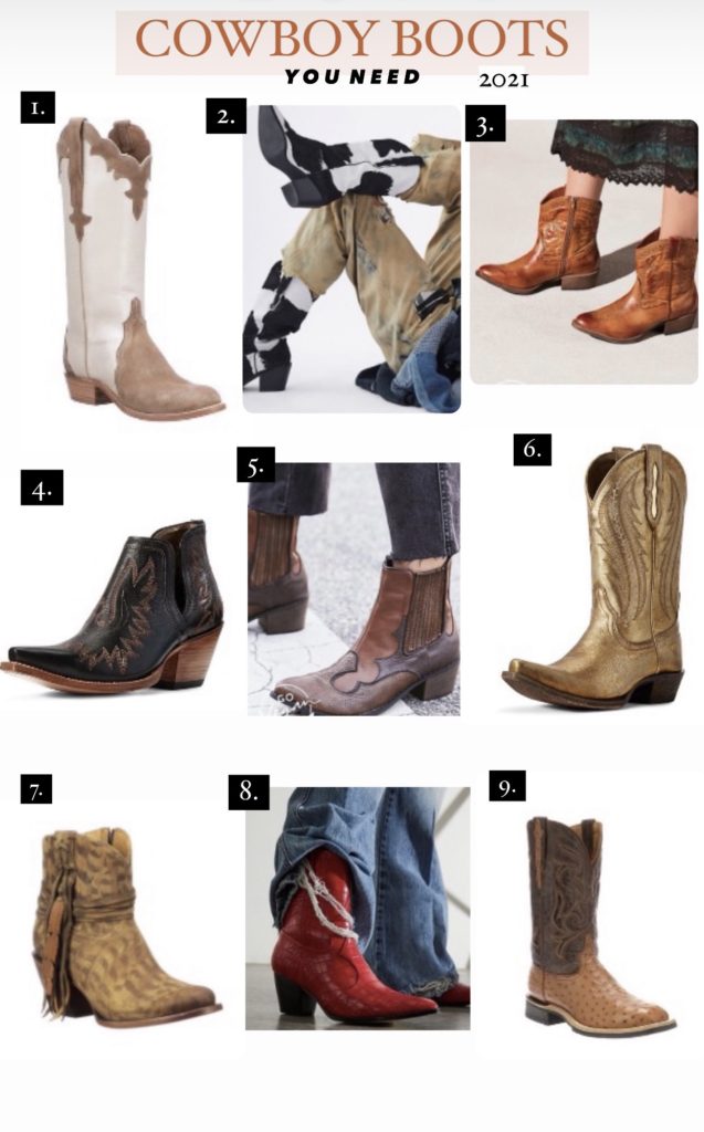 Cowboy Boots for Women by popular Nashville fashion blog, Nashville Wifestyles: collage image of women's cowboy boots. 