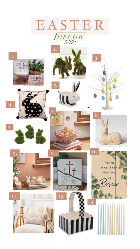 Easter Decor by popular Nashville life and style blog, Nashville Wifestyles: collage image of a egg tree, buny dish, bunny decor, bunny signs, bunny throw pillow, pastel colors candles, and Easter basket decor. 