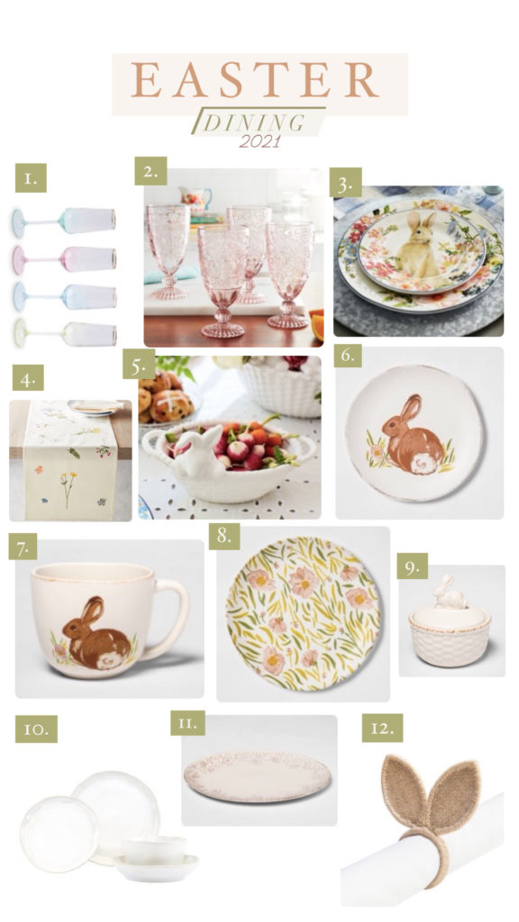 Easter Decor by popular Nashville life and style blog, Nashville Wifestyles: collage image of colored glasses, bunny plates, floral plates, bloral table runner, bunny napkin rings, and ceramic serving platter. 