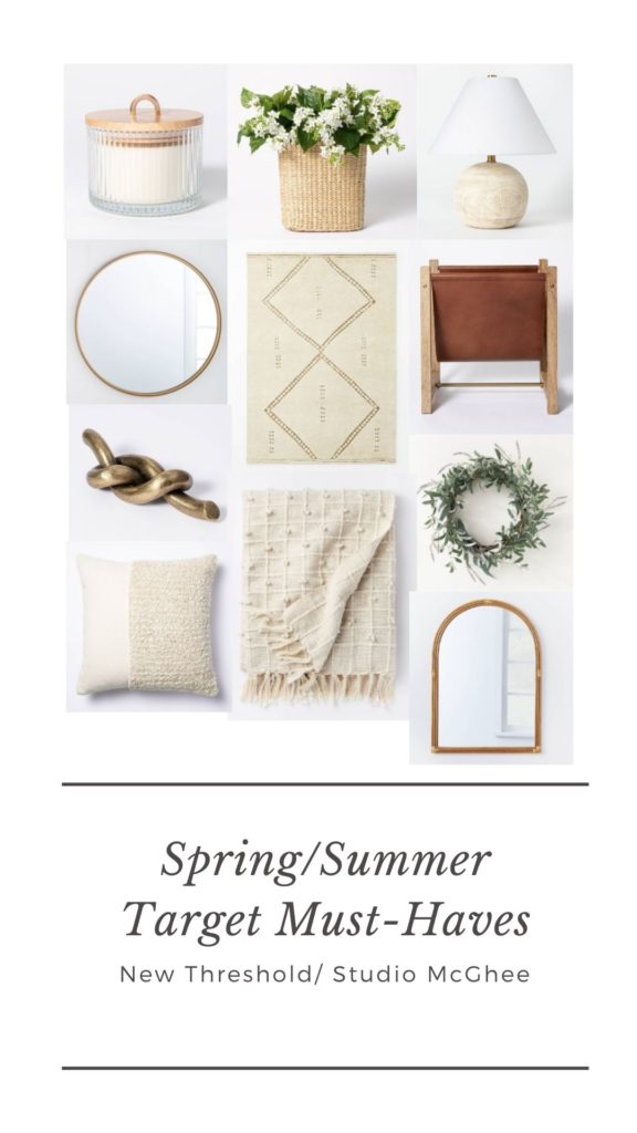 Stuido McGee Target Spring 2021 by popular Nashville life and style blog, Nashville Wifestyles: collage image of a Studio McGee round mirror, candle, gold metal knot, faux eucalyptus wreath, arch mirror, ceramic lamp, leather magazine holder, and cream geometric rug. 