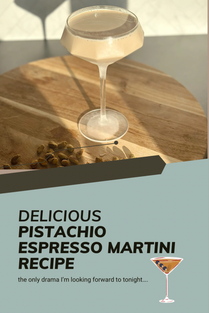 Pistachio Espresso Martini topped with crushed pistachios in a chilled martini glass, creamy coffee cocktail on marble surface with coffee beans and gold shaker nearby