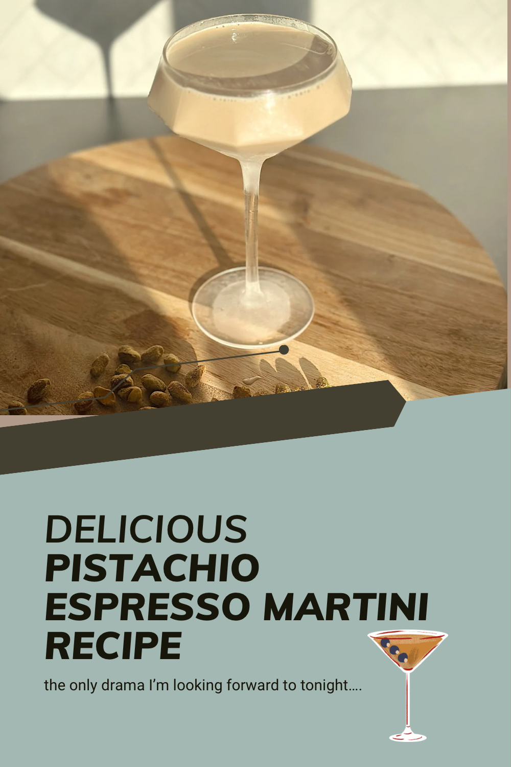 Pistachio Espresso Martini topped with crushed pistachios in a chilled martini glass, creamy coffee cocktail on marble surface with coffee beans and gold shaker nearby