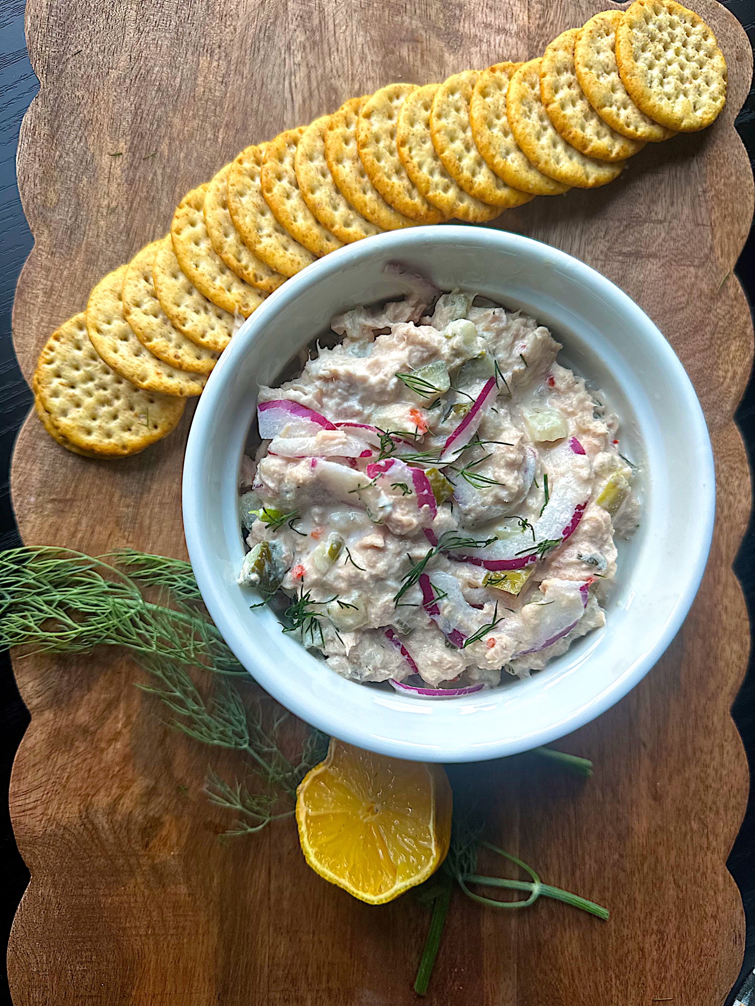 Bowl of high protein tuna salad with Greek yogurt and dill